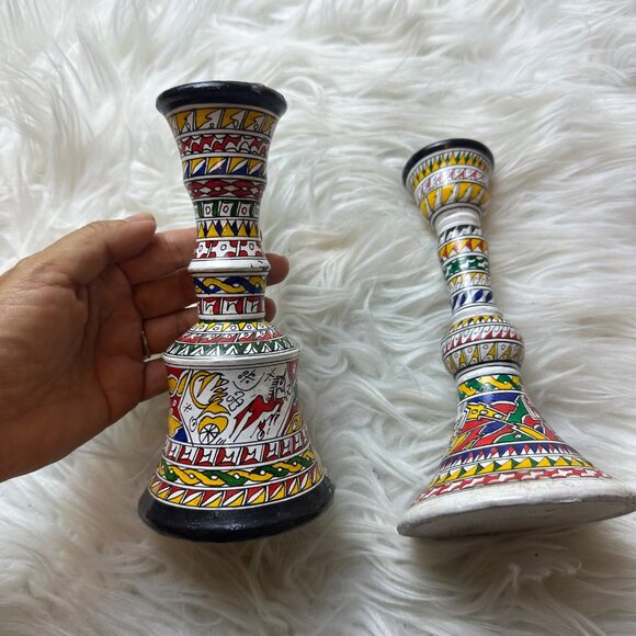 Vintage Hand Painted 2PCS Ceramic Candle Holders Artsy Artisan Tribal Boho - Picture 2 of 11